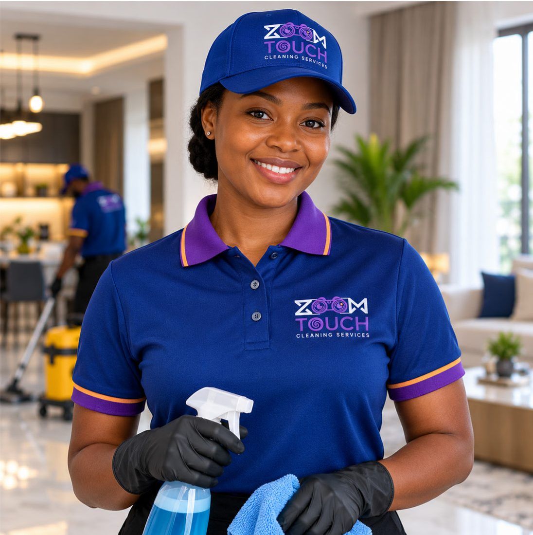 Smiling ZoomTouch cleaner in uniform holding a spray bottle and cloth